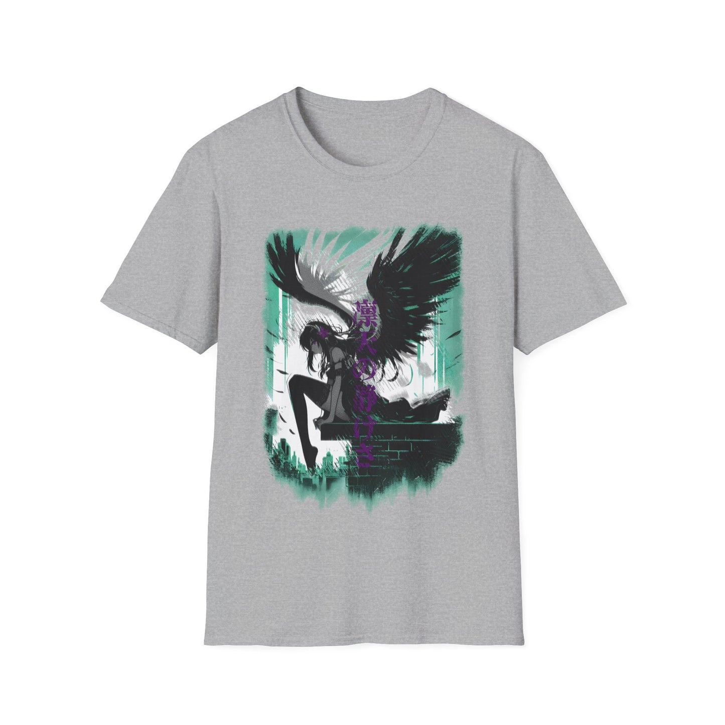 Anime Black Winged Girl in Urban Japan Scene Manga Style T-Shirt