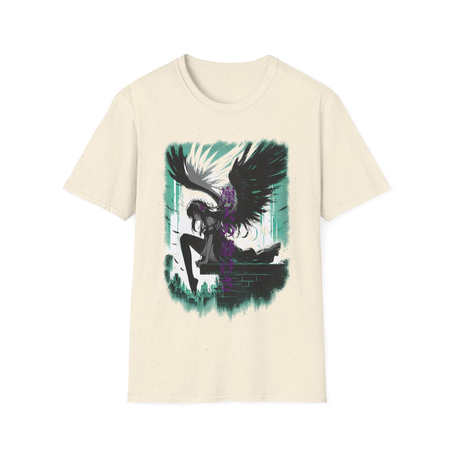 Anime Black Winged Girl in Urban Japan Scene Manga Style T-Shirt