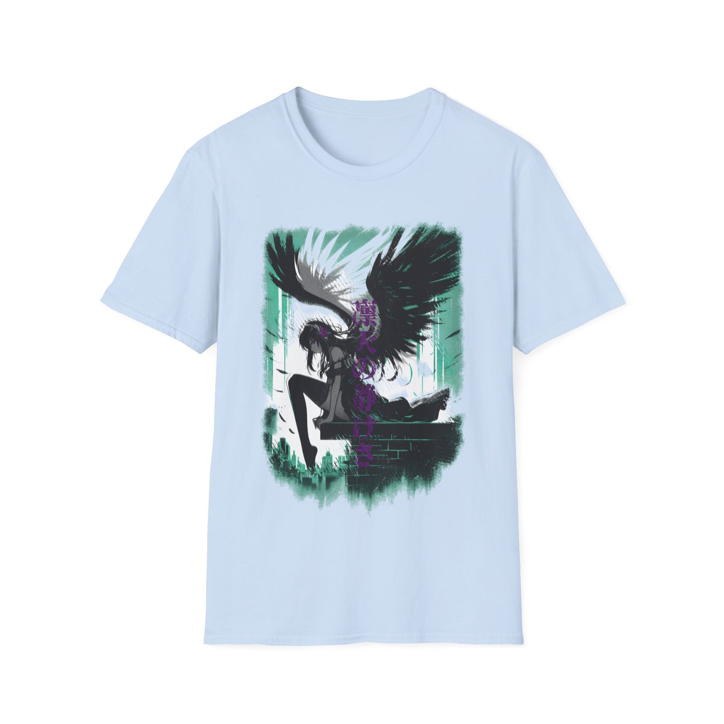 Anime Black Winged Girl in Urban Japan Scene Manga Style T-Shirt