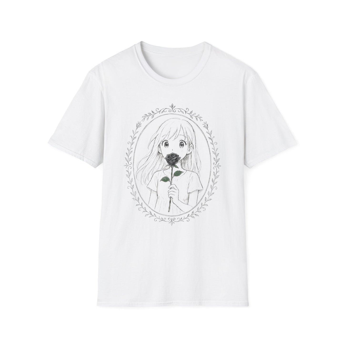 Anime Girl Holding Rose Flower Within Frame Design T-Shirt