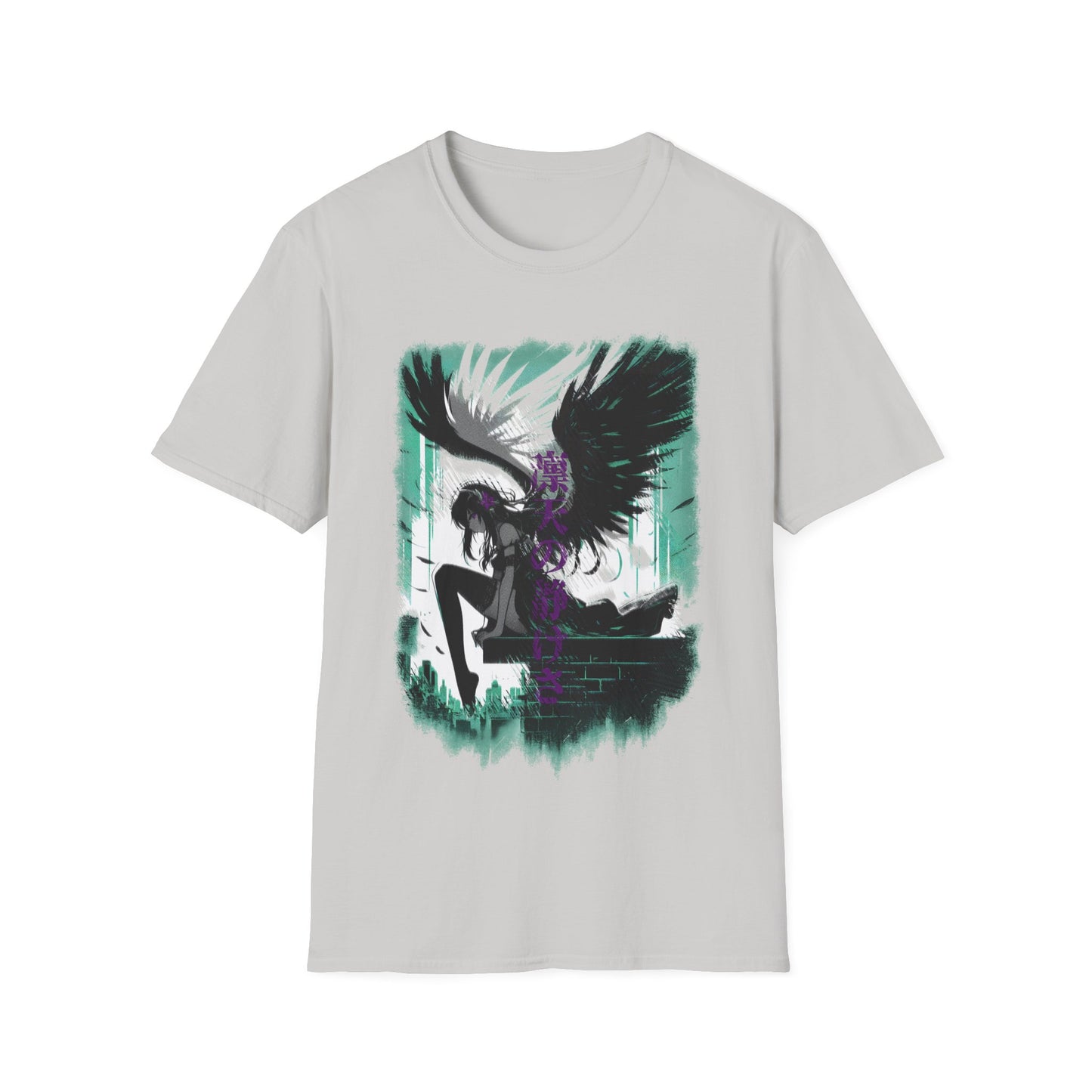 Anime Black Winged Girl in Urban Japan Scene Manga Style T-Shirt