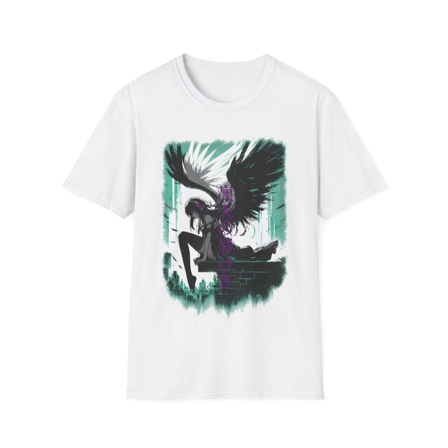 Anime Black Winged Girl in Urban Japan Scene Manga Style T-Shirt