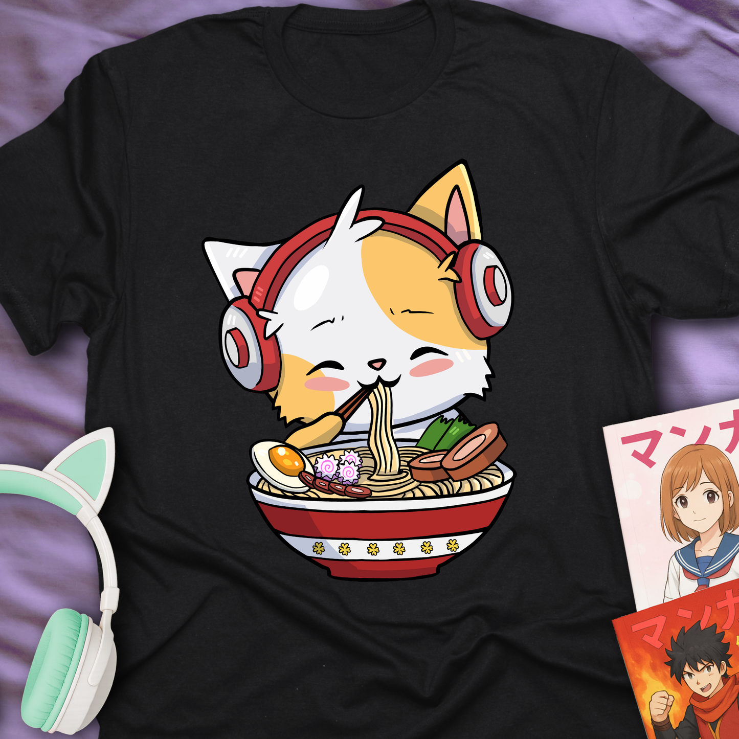 Cute Ramen Cat With Headphones - Japan Lover Tee