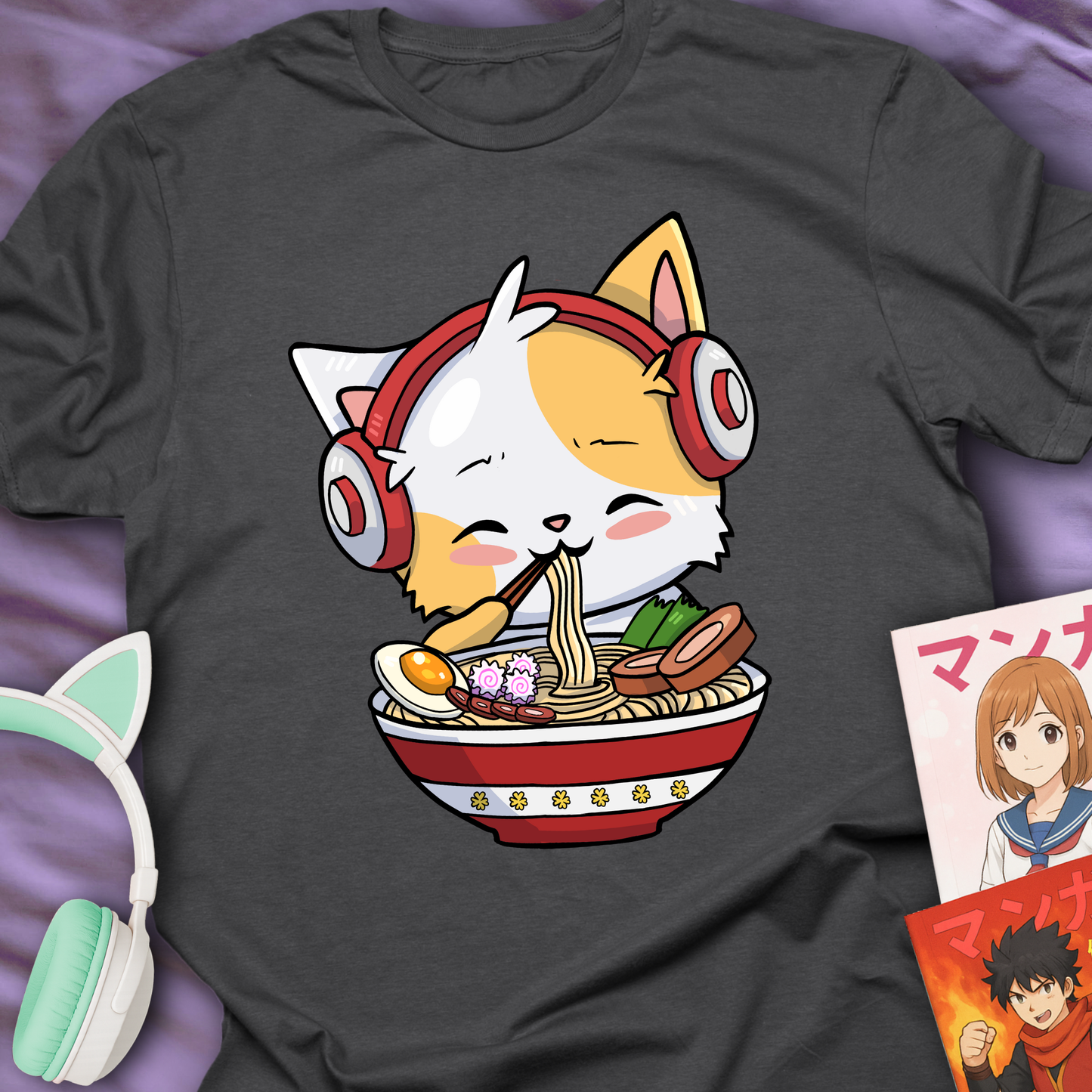 Cute Ramen Cat With Headphones - Japan Lover Tee