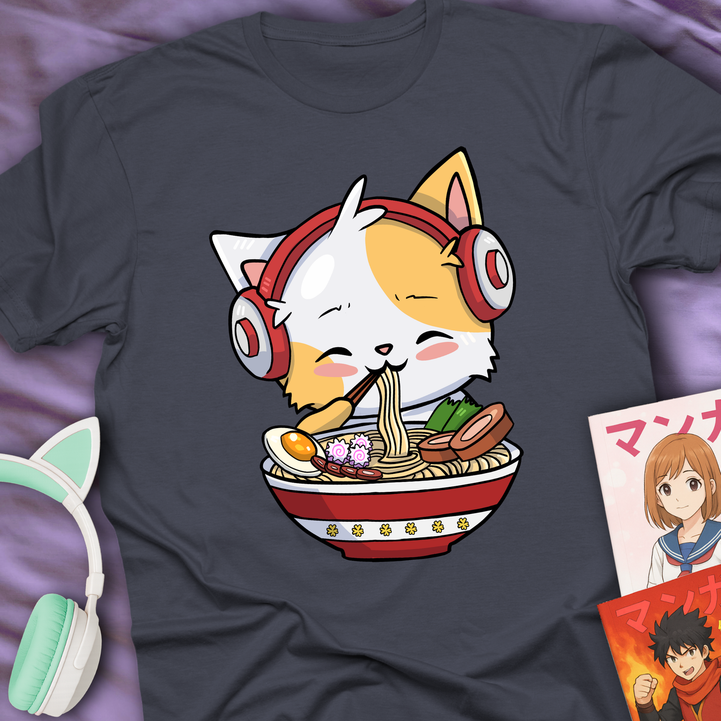 Cute Ramen Cat With Headphones - Japan Lover Tee