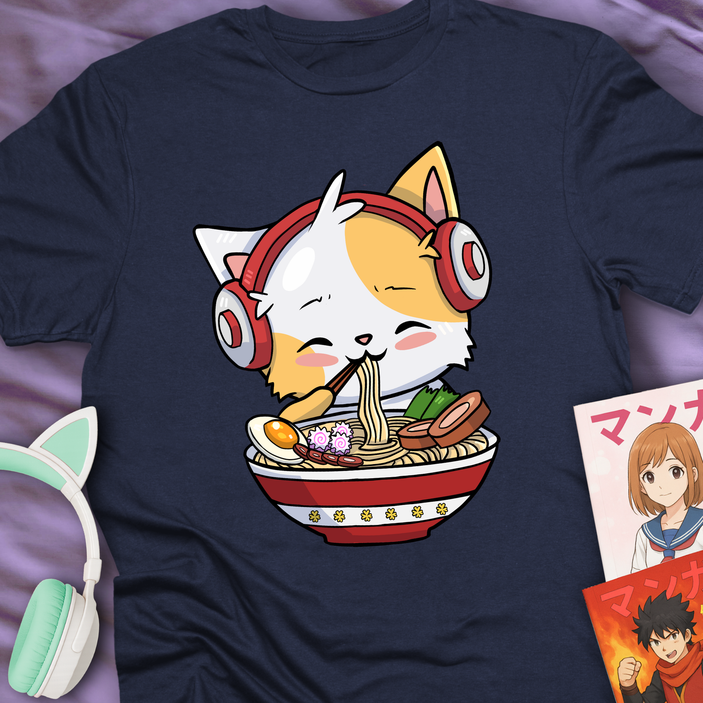 Cute Ramen Cat With Headphones - Japan Lover Tee