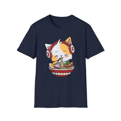Cute Cat With Headphones Enjoying Ramen Japan Anime T-Shirt