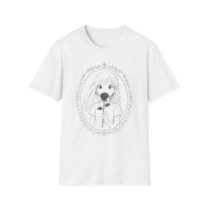 Anime Girl Holding Rose Flower Within Frame Design T-Shirt