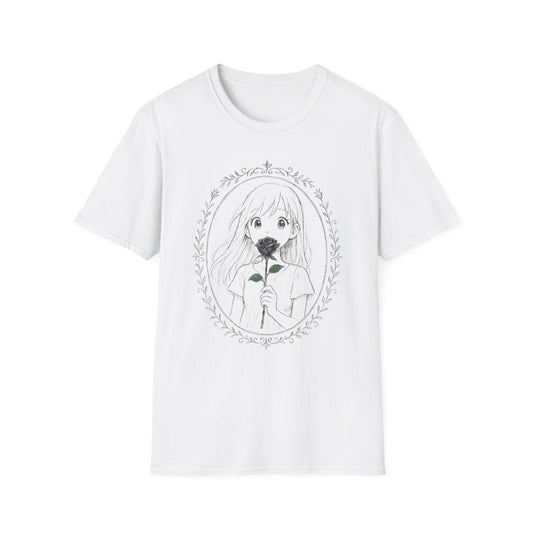 Anime Girl Holding Rose Flower Within Frame Design T-Shirt