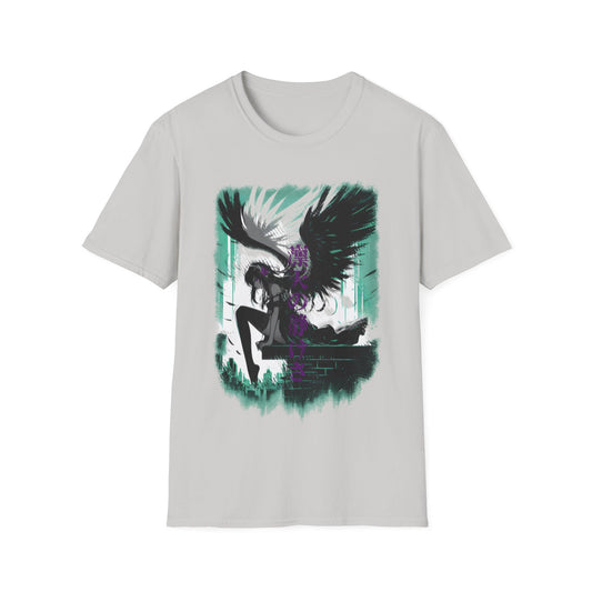 Anime Black Winged Girl in Urban Japan Scene Manga Style T-Shirt