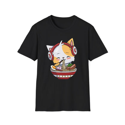 Cute Cat With Headphones Enjoying Ramen Japan Anime T-Shirt