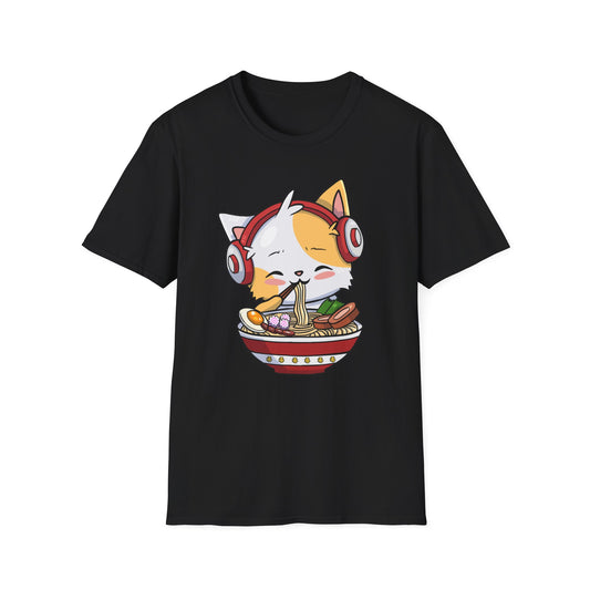 Cute Cat With Headphones Enjoying Ramen Japan Anime T-Shirt