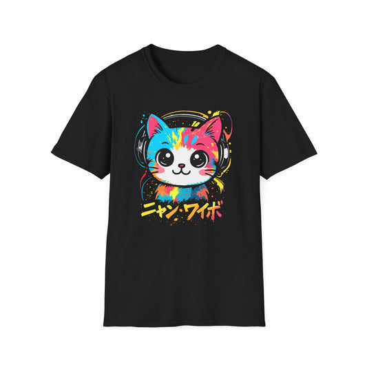 Cool Neko Cat with Headphones Japan Aesthetic Anime T-Shirt