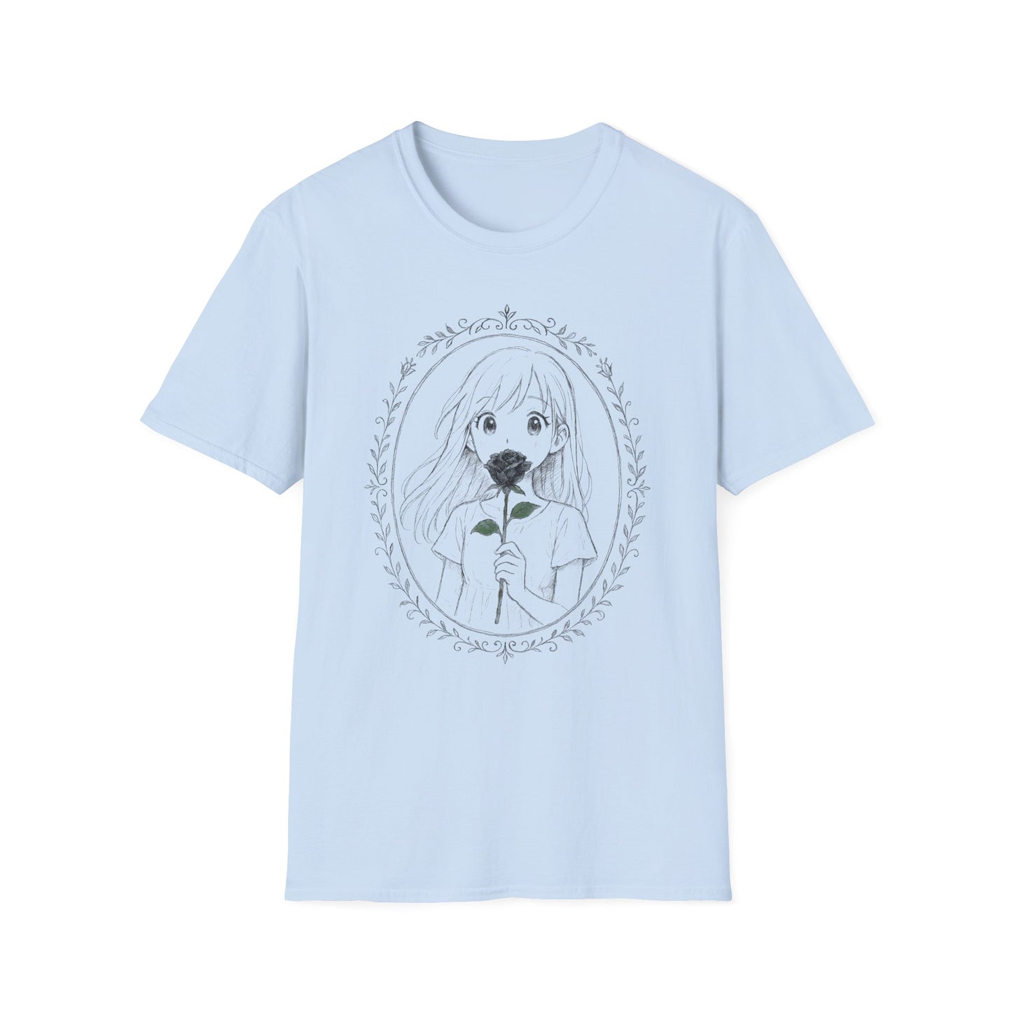Anime Girl Holding Rose Flower Within Frame Design T-Shirt