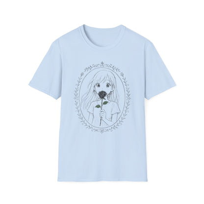 Anime Girl Holding Rose Flower Within Frame Design T-Shirt