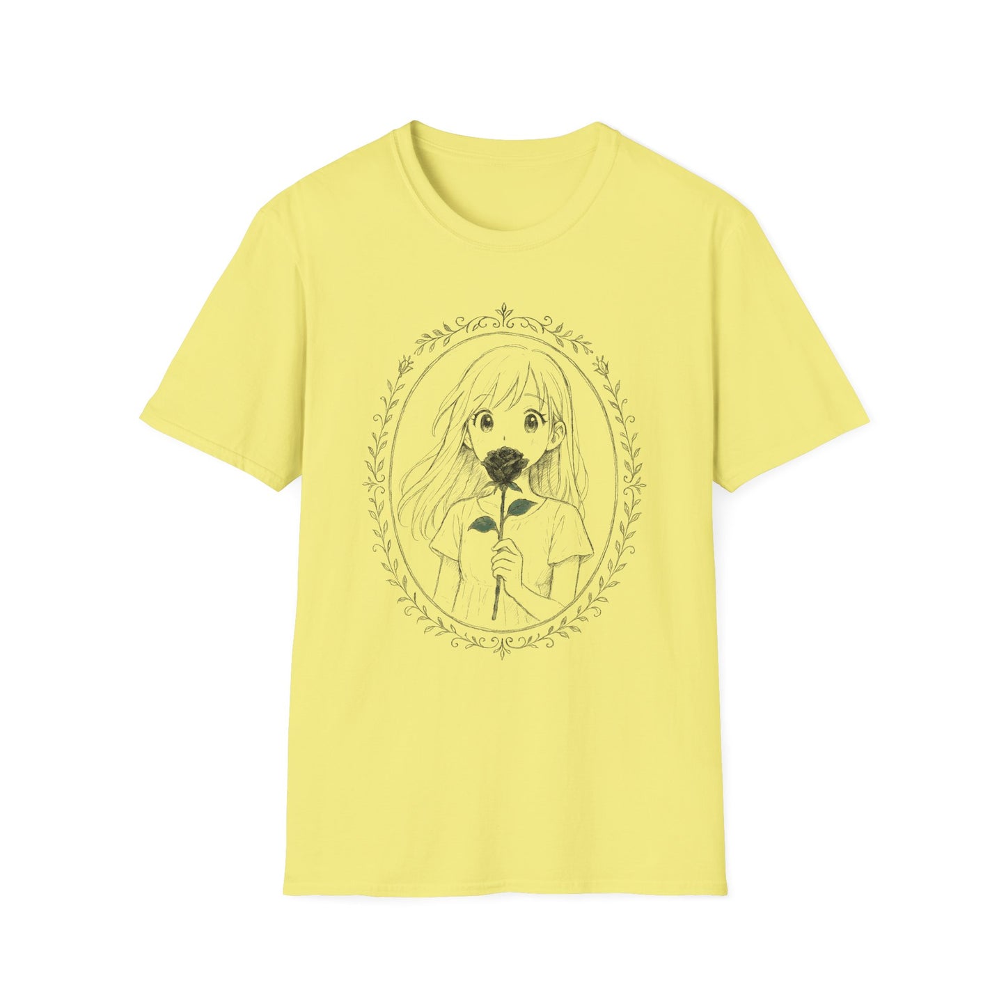 Anime Girl Holding Rose Flower Within Frame Design T-Shirt
