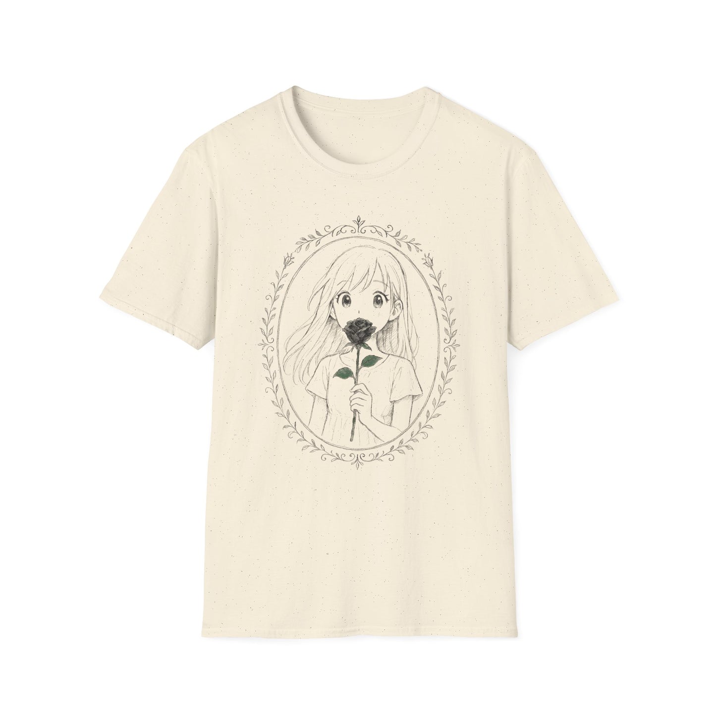 Anime Girl Holding Rose Flower Within Frame Design T-Shirt