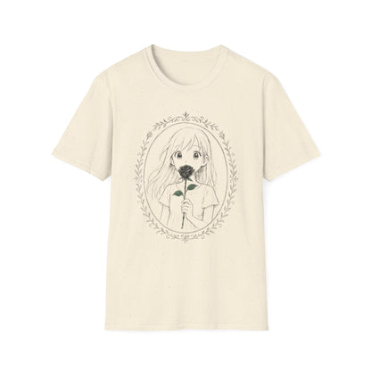 Anime Girl Holding Rose Flower Within Frame Design T-Shirt