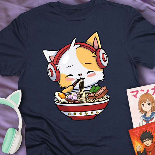 Cute Ramen Cat With Headphones - Japan Lover Tee